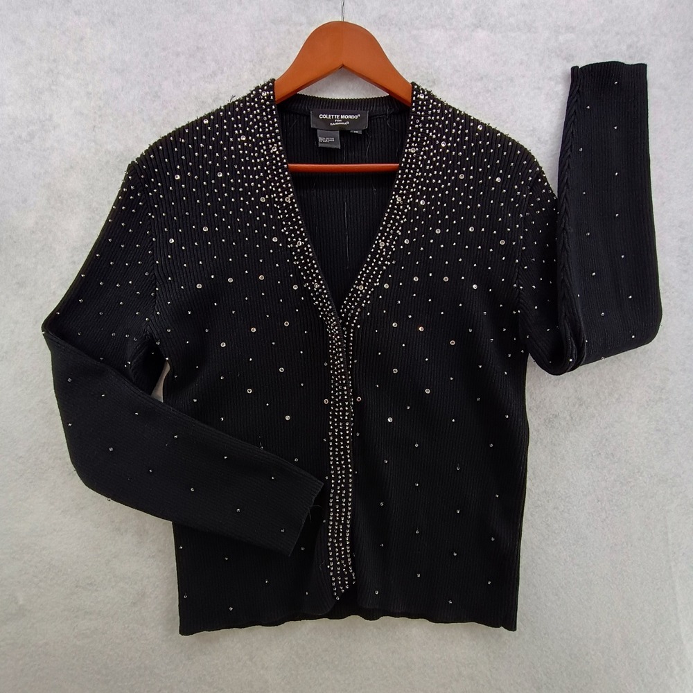 Colette Mordo Cardigan Women M Black Beaded Ribbed Knit Hidden Button Vintage